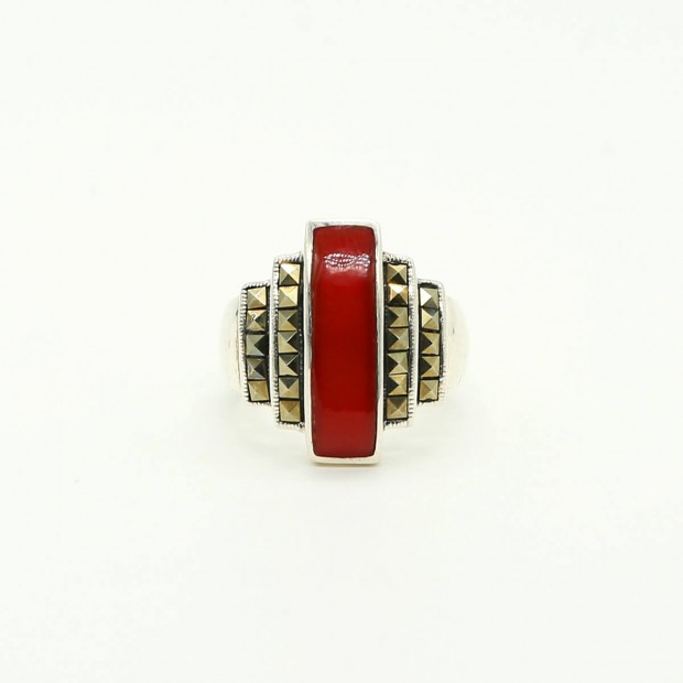 Red Coral Marcasite Antique Ring