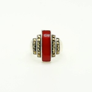 Red Coral Marcasite Antique Ring