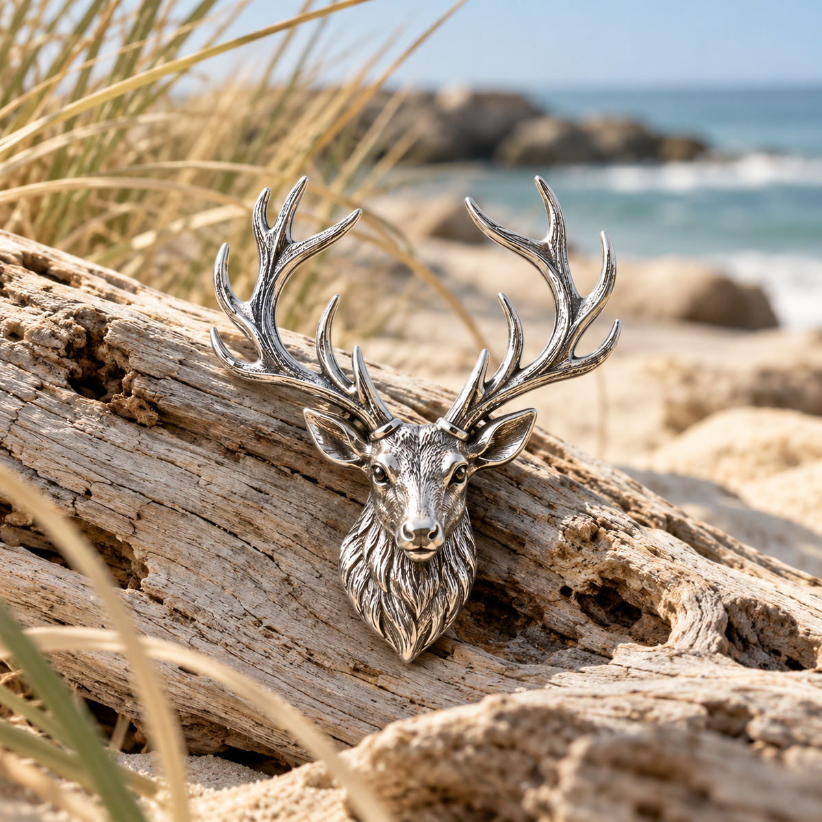 Silver stag brooch on coastal driftwood