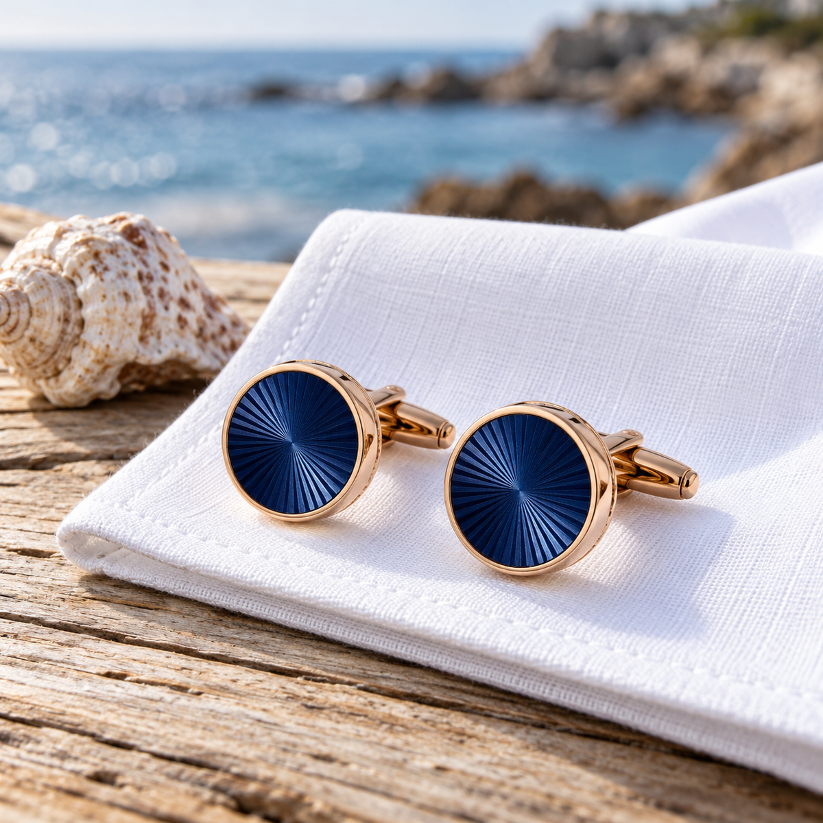 Blue enamel cufflinks on white linen by the sea