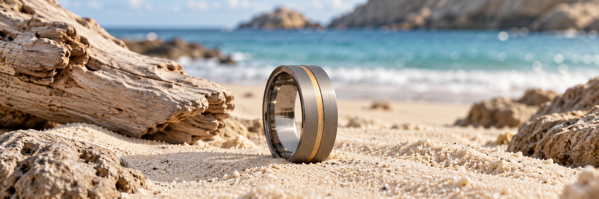 Titanium and gold band on coastal sand