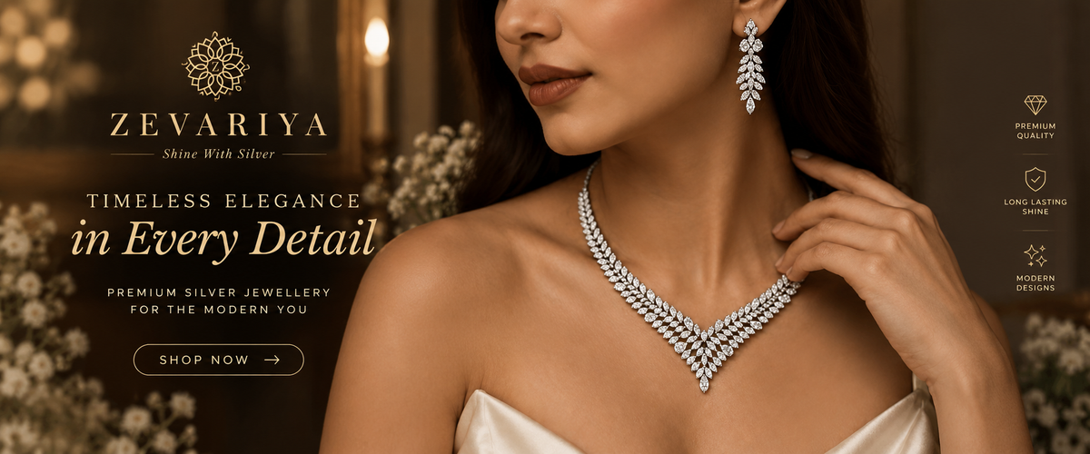 Zevariya luxury silver necklace and earrings banner